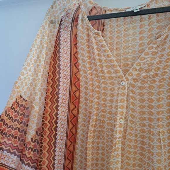 JOIE  Orange Abstract Print Semi Sheer V-neck Blouse - Picture 2 of 5
